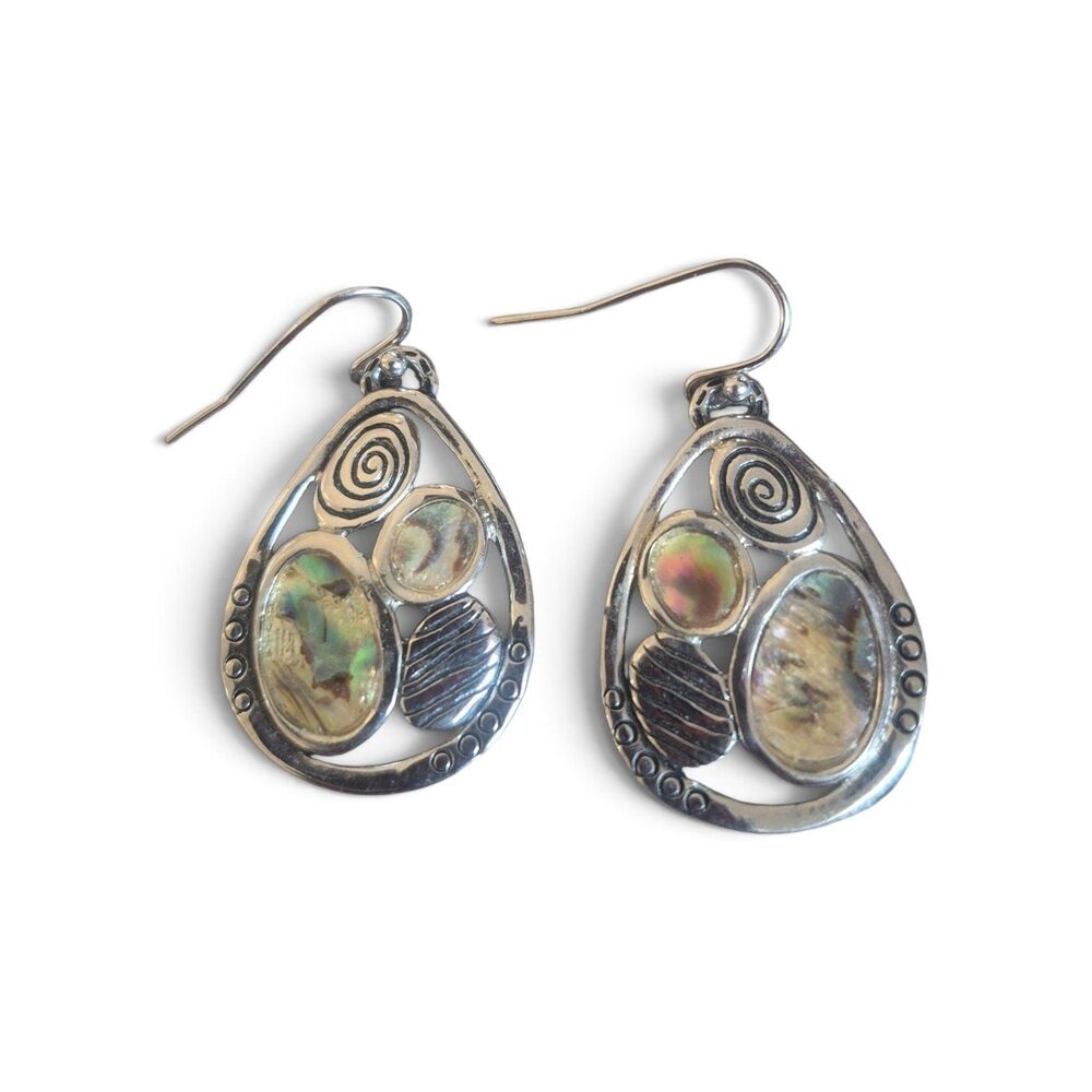 Vintage Teardrop Earrings Abalone Inlay Spiral